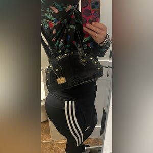 Deborah Lewis Studio Faux leather studded crescent shoulder bag suede panel Y2K